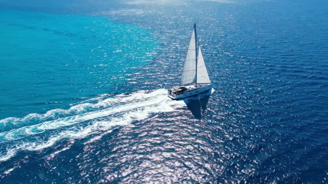Aerial view of sailboat yacht freedom on turquoise blue sea