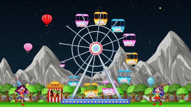 Animated Night Carnival with Ferris Wheel Fireworks and Hot Air Balloons