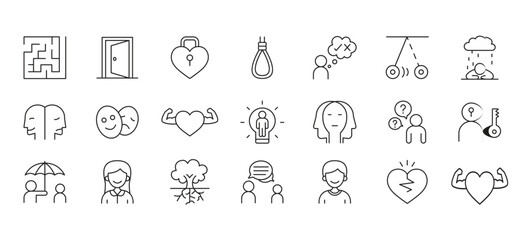 Obraz premium Psychology icon set in thin line style. Psychology and mental line icons collection. Thin outline icons pack. Positive Thinking Line Icons Collection, Big Ui Icon Set, vector illustration.