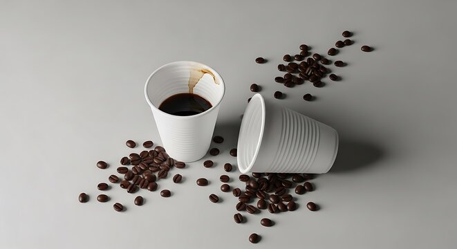 Freshly brewed black coffee in takeaway cup with scattered coffee beans on white background. polystyrene cupu
