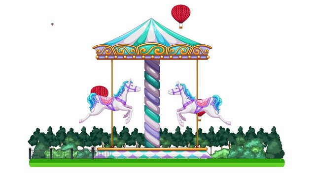 Animated Carousel with Spinning Horses and Floating Hot Air Balloons