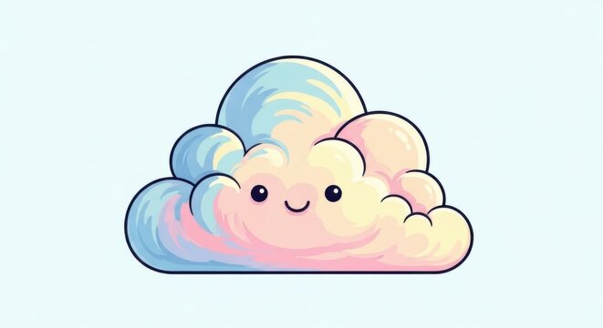Cute cartoon cloud character with rainbow and smiley face, 3D illustration