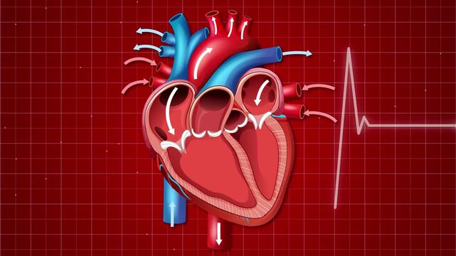 Anatomical Human Heart Beating with Blood Flow Arrows and EKG Line