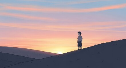 Obraz premium Silhouette of child watching sunset over misty mountain landscape at dusk