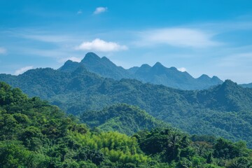Fototapeta premium 熱帯の青い空の下に山々がそびえ立っています