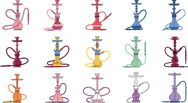 Hookah shisha vector set with colorful water pipes traditional smoking devices and accessories flat illustration collection isolated design