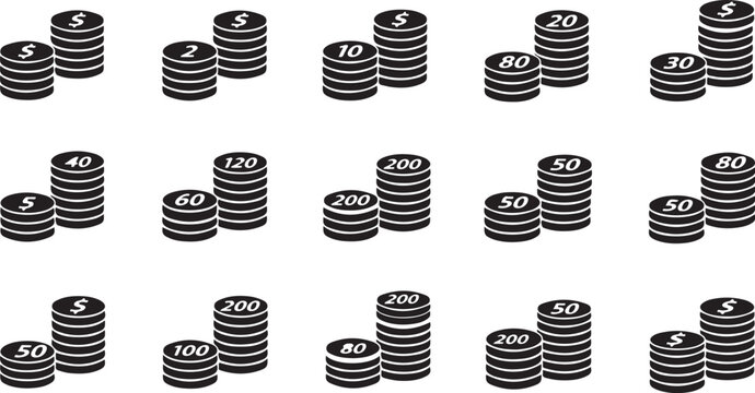 Stacks of twenty dollar coins on white background