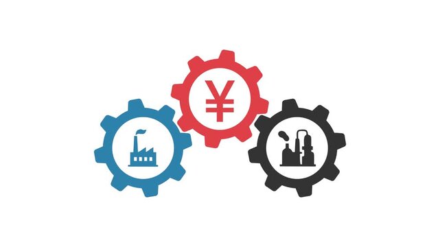 Three Interlocking Gears with Japanese Yen Symbol Factory and Oil Refinery Icons Representing Industrial Economy and Financial Growth Motion Graphics