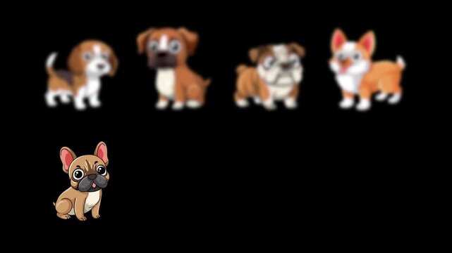 Animated Group of Eight Cartoon Puppy Breeds Appearing on Black Background