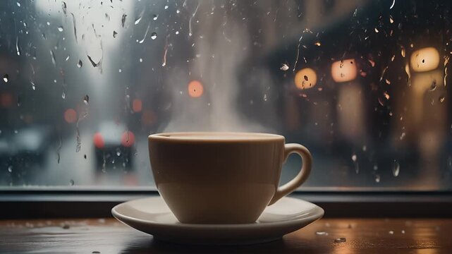 Macro of Coffee Cup on Caf&eacute; Table by Rainy Window: Steam Rising Slowly and Urban Cozy Mood Cinematic Visual Background (16:9 Aspect Ratio)