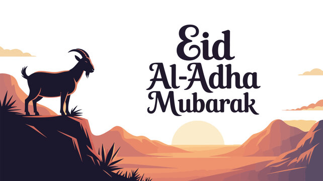 Eid aladha mubarak greeting card with a goat standing on a cliff against a sunset landscape