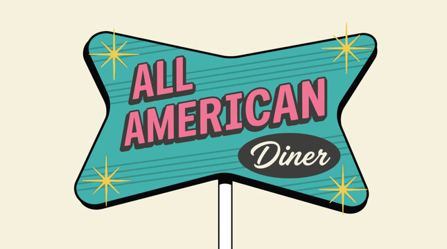 Vintage Retro American Diner Sign Illustration for Classic Restaurant Branding and Nostalgic Cafe Marketing