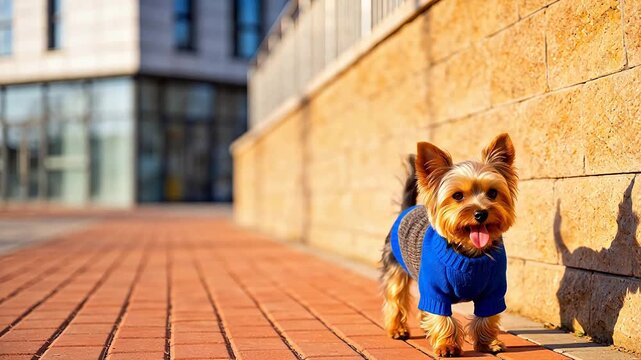 Small dog in blue sweater on brick path