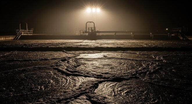 Industrial Wastewater Treatment Facility at Night