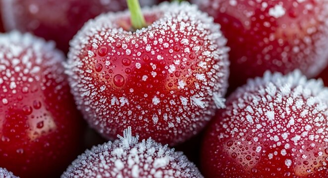 Frozen cherries with ice crystals closeup.