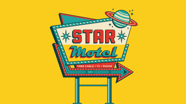 Retro Vintage Neon Motel Sign Illustration with Mid Century Modern Space Theme and Starry Planet Graphics