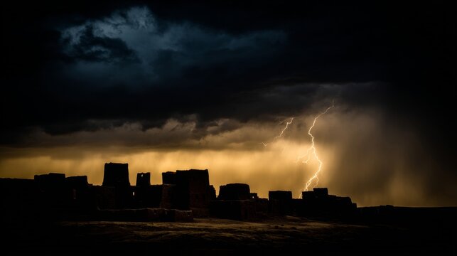 Dramatic golden lightning illuminates a dark, silhouetted mountain range under a stormy sky
