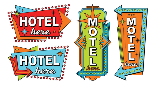 Set of Vintage Mid Century Modern Style Hotel and Motel Roadside Neon Sign Illustrations for Travel and Hospitality Branding