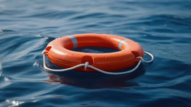 Bright orange life buoy floating on calm deep blue ocean water for safety and rescue