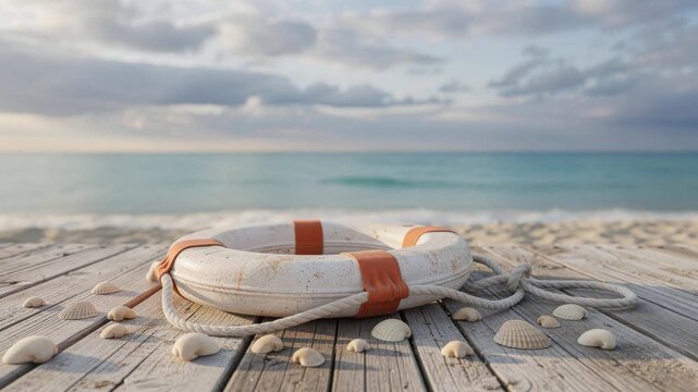 Life buoy on wooden pier with seashells overlooking calm ocean beach under cloudy sky