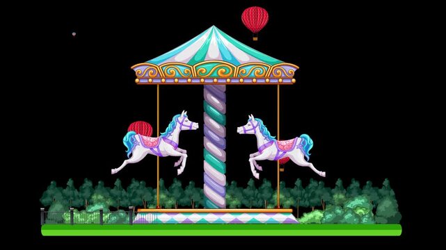 Animated Carousel with Spinning Horses and Floating Hot Air Balloons