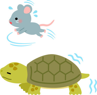 忙しなく動き回るネズミとゆっくり歩く亀