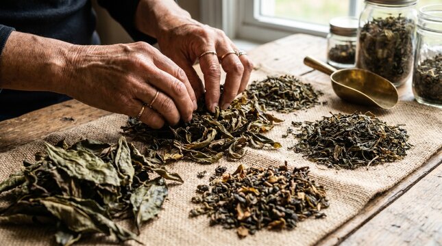 close up of hands holding tea leaves 