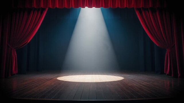 Empty theater stage with red curtains and spotlight shining on wooden floor for performance