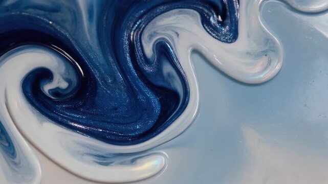 Abstract blue and white fluid art with swirling paint patterns and glossy texture