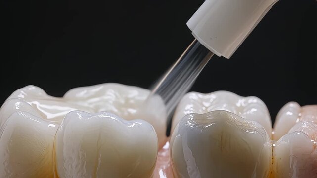Macro shot of dental tool cleaning molars with visible decay