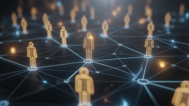 Digital network of connected people icons representing social media and communication technology concept