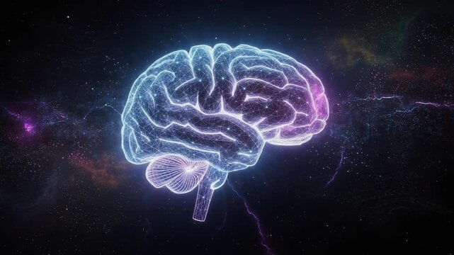 Glowing digital brain with neural network connections and lightning effects in futuristic space background