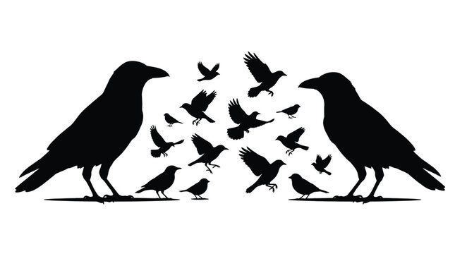 Silhouette of two large ravens facing each other with a flock of smaller birds flying between them
