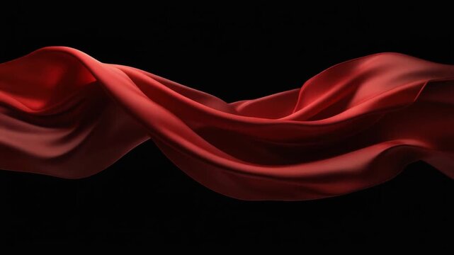 Smooth flowing red silk fabric waving gracefully on dark background with elegant folds and texture