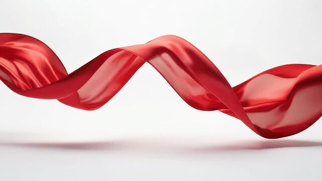 Elegant flowing red silk fabric floating on white background with smooth texture and vibrant color
