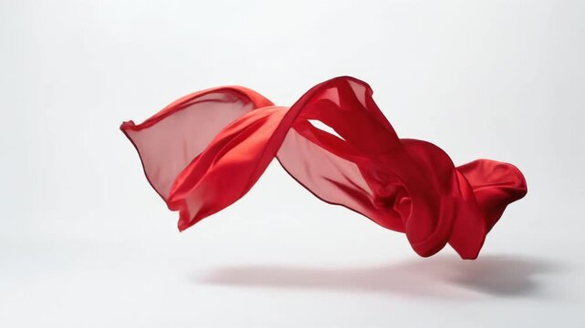 Flowing red silk fabric floating on white background with soft shadows elegant and smooth texture