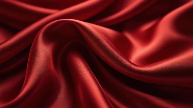 Luxurious red silk fabric texture with smooth glossy folds and elegant shiny surface close up