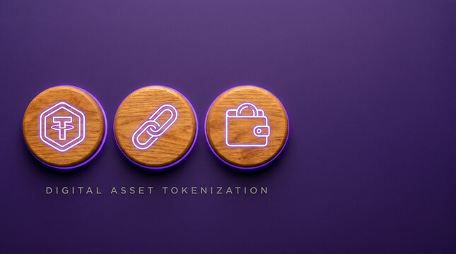 Three natural wood discs with token coin, chain link, and wallet icons on a deep violet background representing digital asset tokenization.