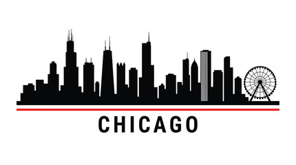Fototapeta premium Chicago city skyline silhouette vector illustration iconic buildings and ferris wheel of chicago, illinois, usa flat design style, black and white graphic for travel, tourism, and city branding