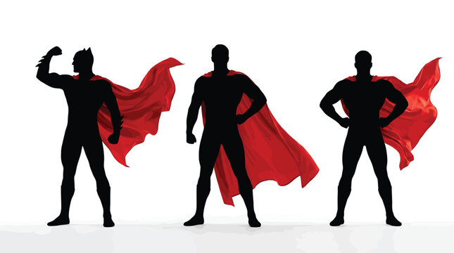 Silhouettes of three superheroes standing in heroic poses wearing red capes