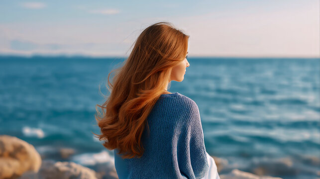 Woman seaside standing near ocean coastline during travel vacation lifestyle moment. Scene reflects relaxation and freedom in tourism and leisure activity