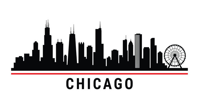Chicago city skyline silhouette vector illustration iconic buildings and ferris wheel of chicago, illinois, usa flat design style, black and white graphic for travel, tourism, and city branding