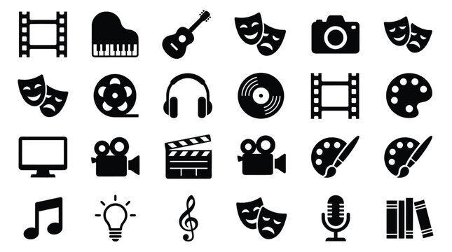 Set of creative arts and entertainment icons including music, cinema, theater, painting, and photography symbols