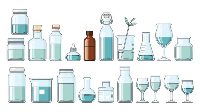 Large collection of glass laboratory glassware including beakers, flasks, jars, and bottles filled with various teal liquids.