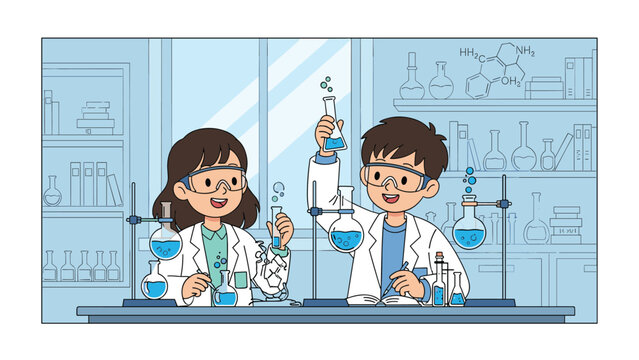 Two young students in white lab coats and goggles conducting a chemistry experiment with flasks and test tubes in a laboratory.
