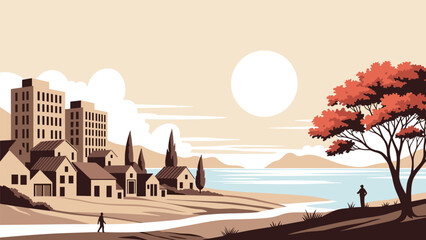 Naklejka premium Serene landscape illustration of a coastal town with small houses and tall buildings overlooking a calm body of water during the sunset.