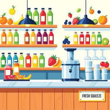 A colorful juice bar with shelves of bottles and fruit
