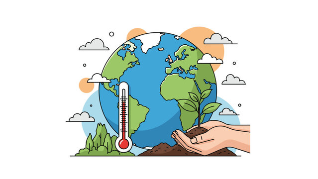 Conceptual image of environmental protection showing hands holding a young plant in soil with a global map and thermometer in the background.