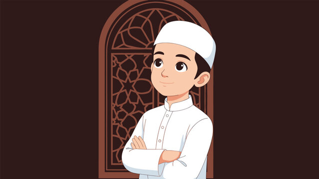 Young Muslim boy in a white traditional robe and cap stands confidently with his arms crossed in front of a patterned geometric window.