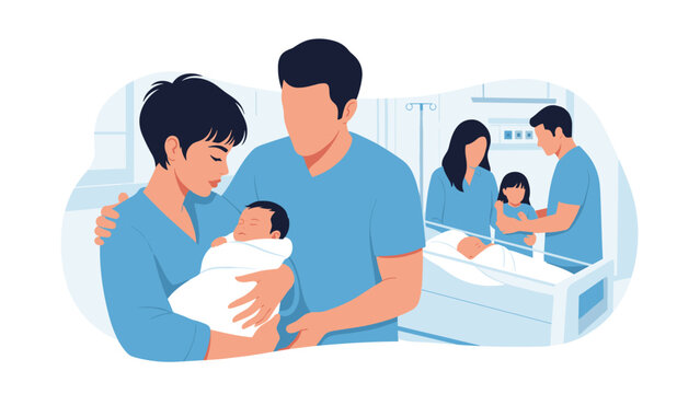 Tender image of parents holding their newborn baby in a hospital room while medical staff and other families appear in the soft background.